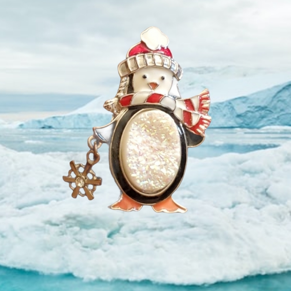 Frosty the Penguin Brooch with Santa Christmas Hat & a Dangling Snowflake